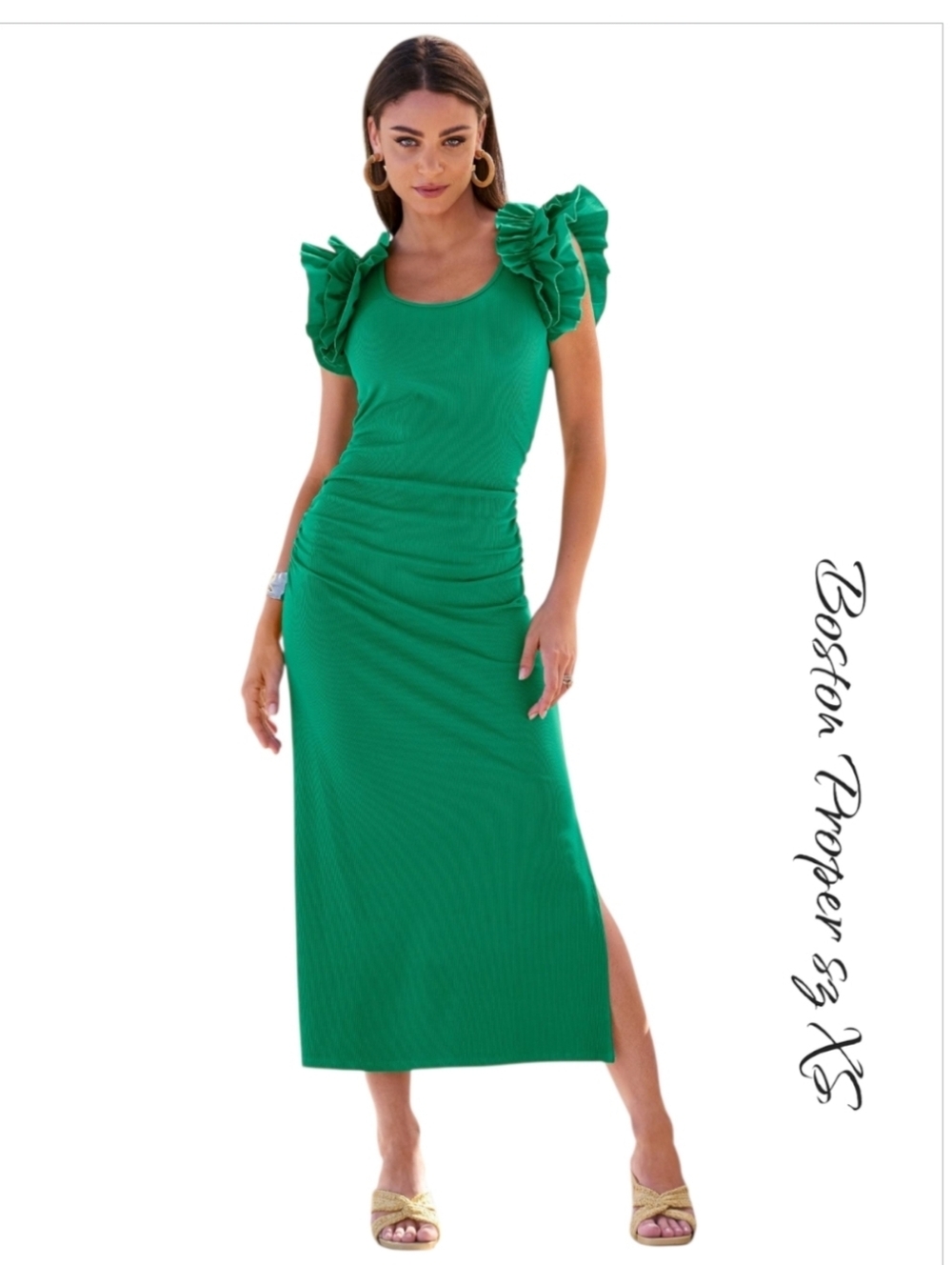 Boston Proper Shamrock Green Ruffle Ribbed Ruched Knit Midi Dress Slit Sz XS